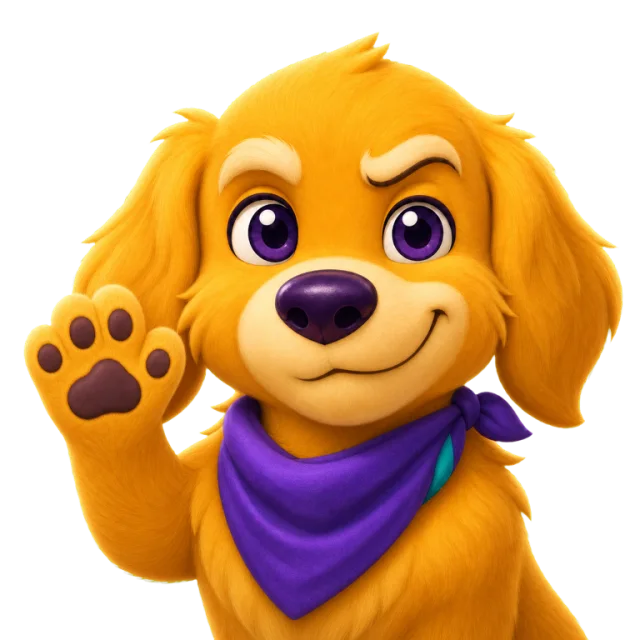 Ace, a golden dog mascot, waving