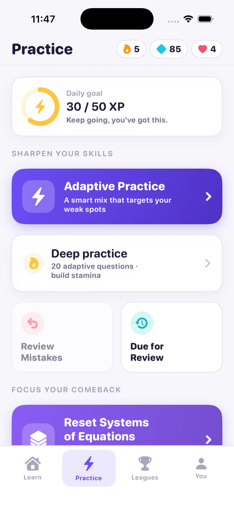 Ace Practice screen with adaptive practice and review options
